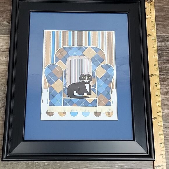 Handmade Papercraft Framed Cat Art Original with Blue and Brown Accents 14"X17" - Picture 4 of 6